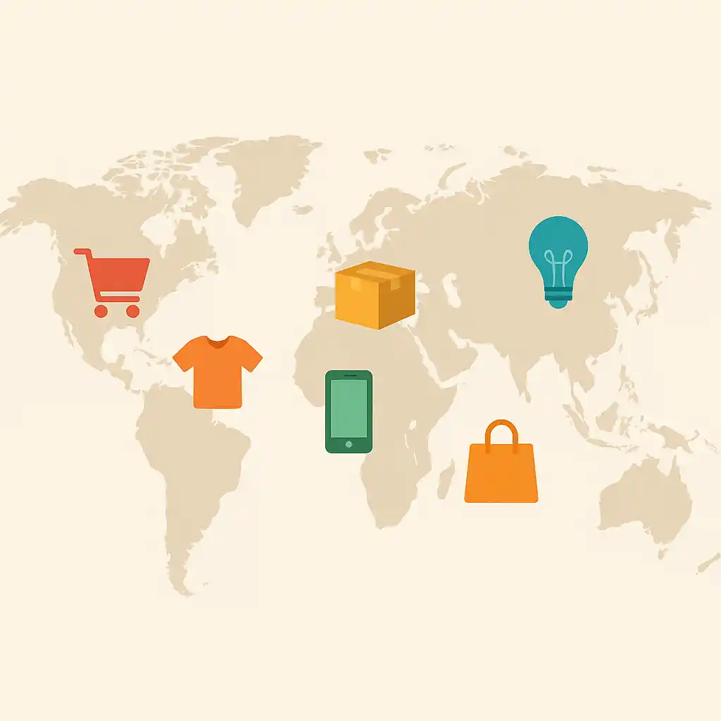 World map with shopping icons
