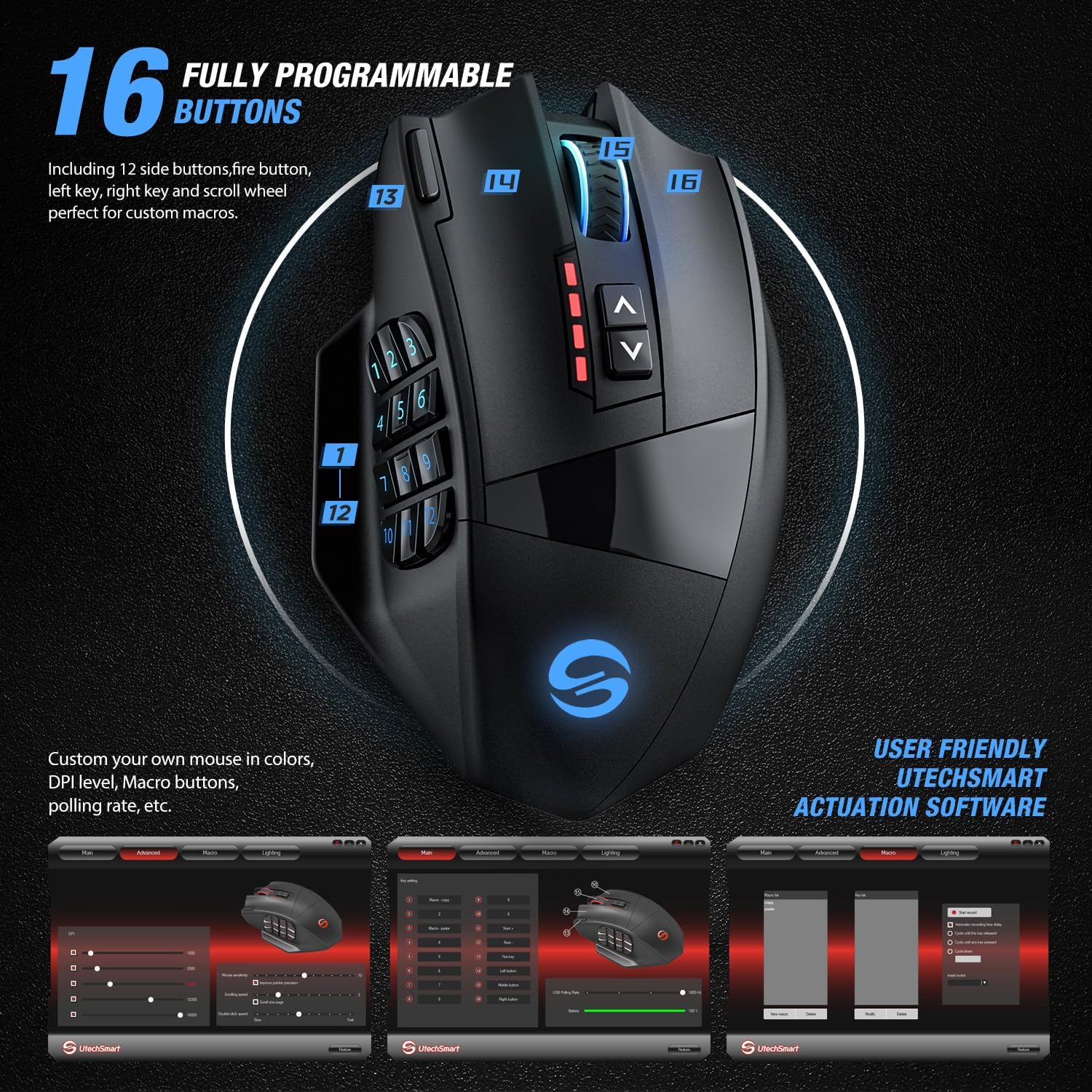 UtechSmart Venus Pro RGB Wireless MMO Gaming Mouse