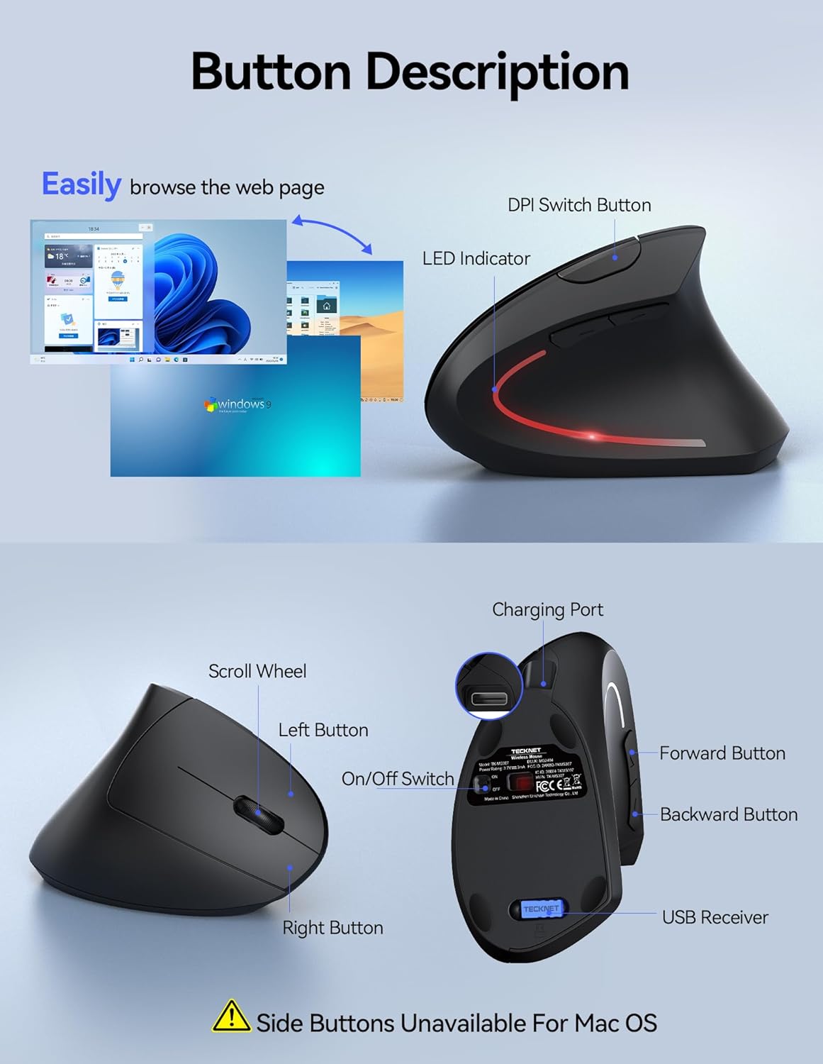 TECKNET Ergonomic Wireless Vertical Mouse